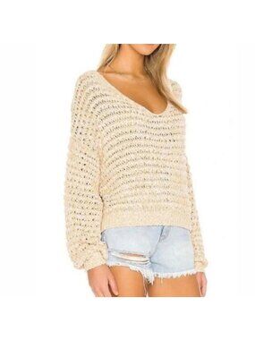Free People Oversized Loose Knit Coconut V-Neck Sweater Size Large